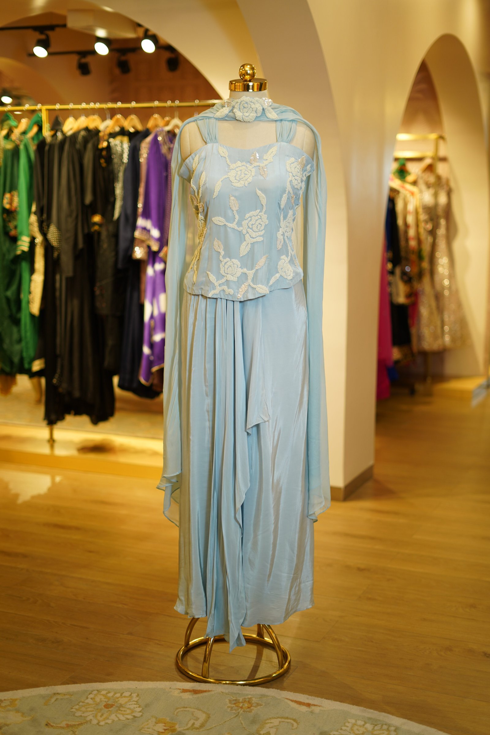 Powder Blue Drape Skirt with Pearl Work Top