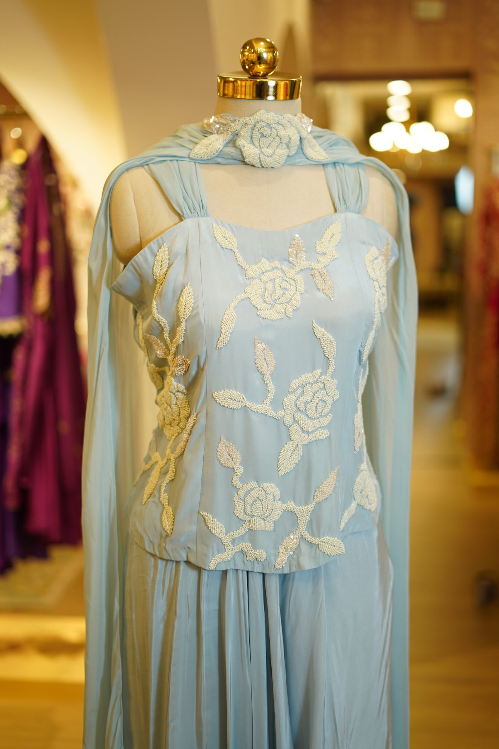 Powder Blue Drape Skirt with Pearl Work Top