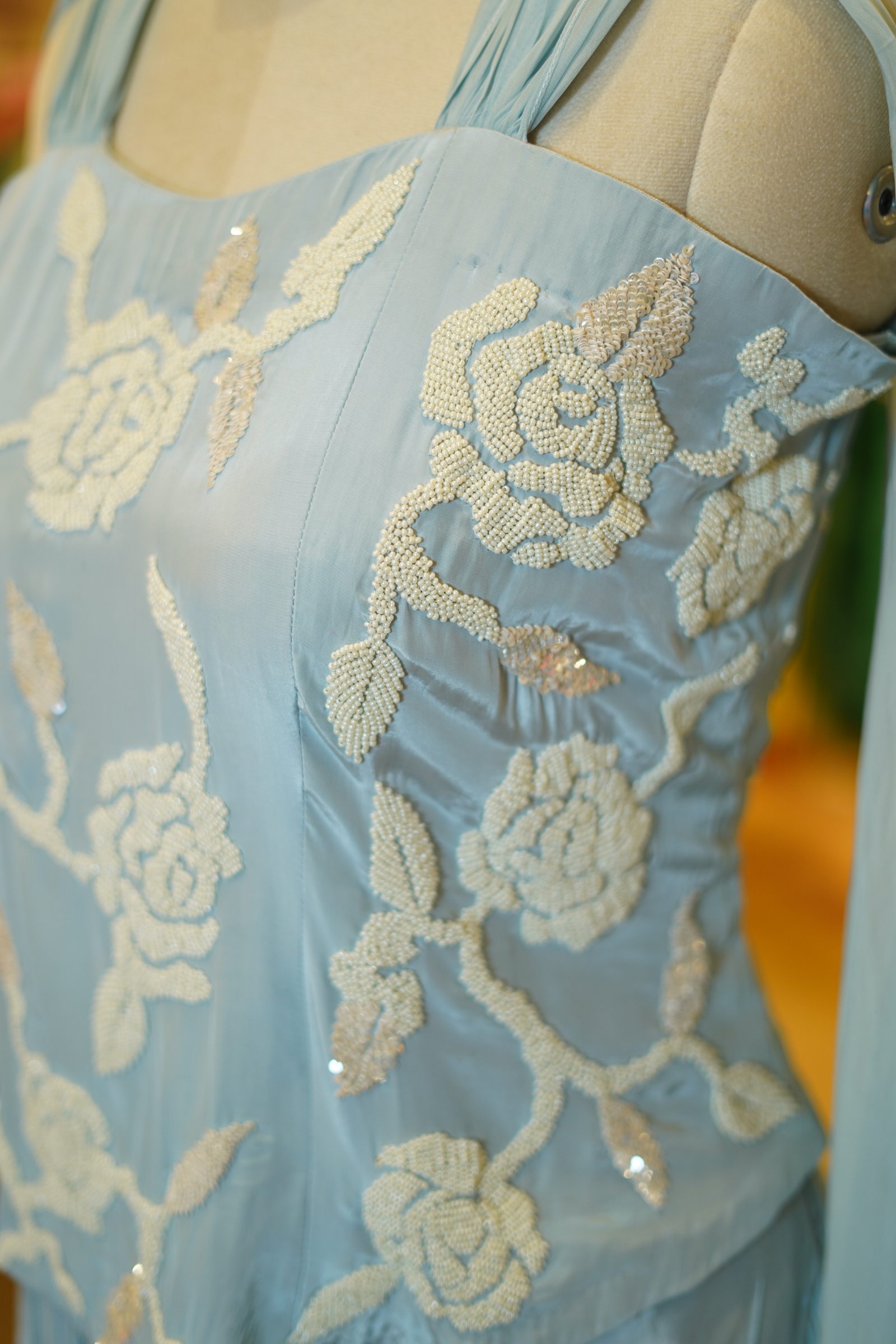 Powder Blue Drape Skirt with Pearl Work Top