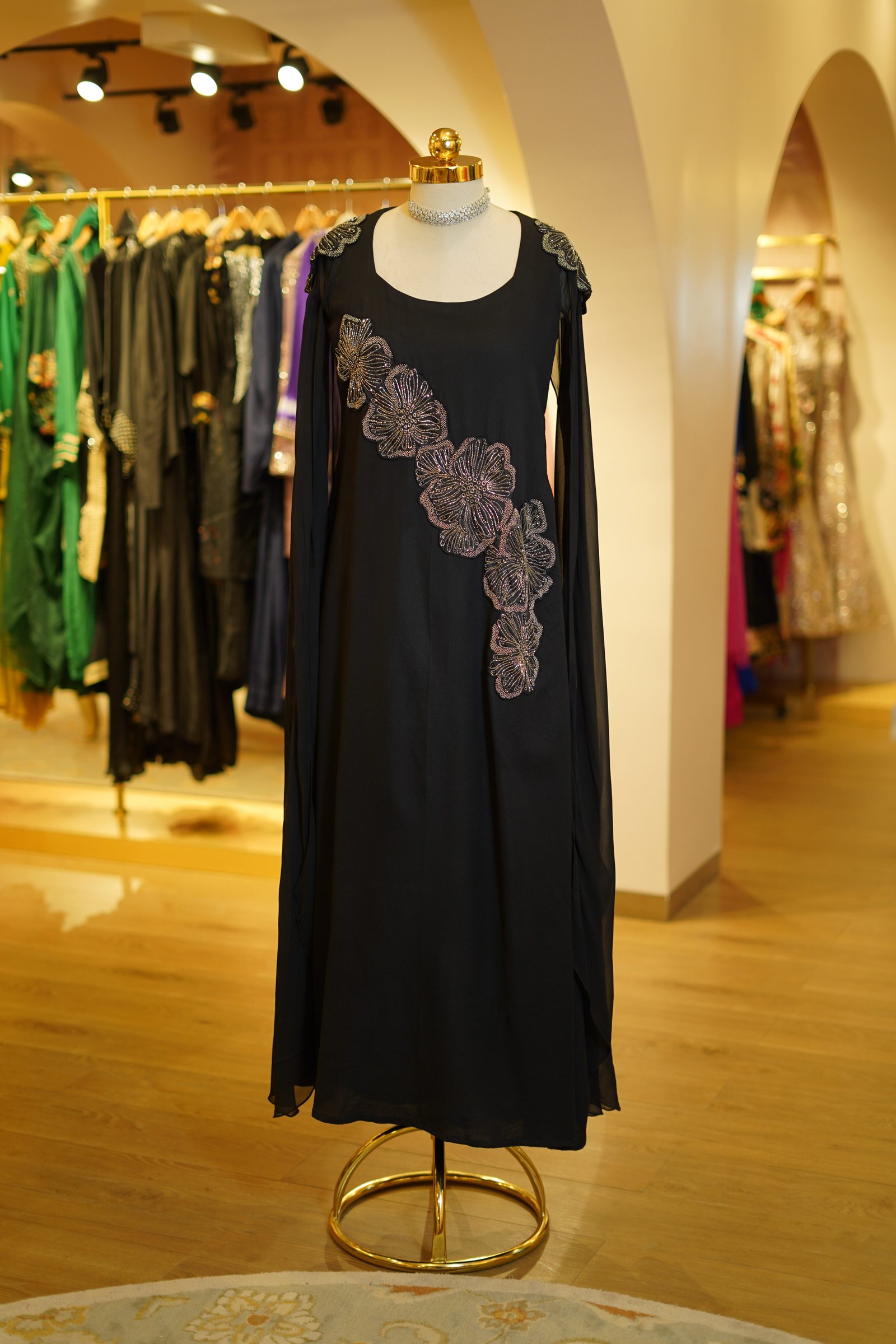 Black Handwork Full-Length Georgette Gown