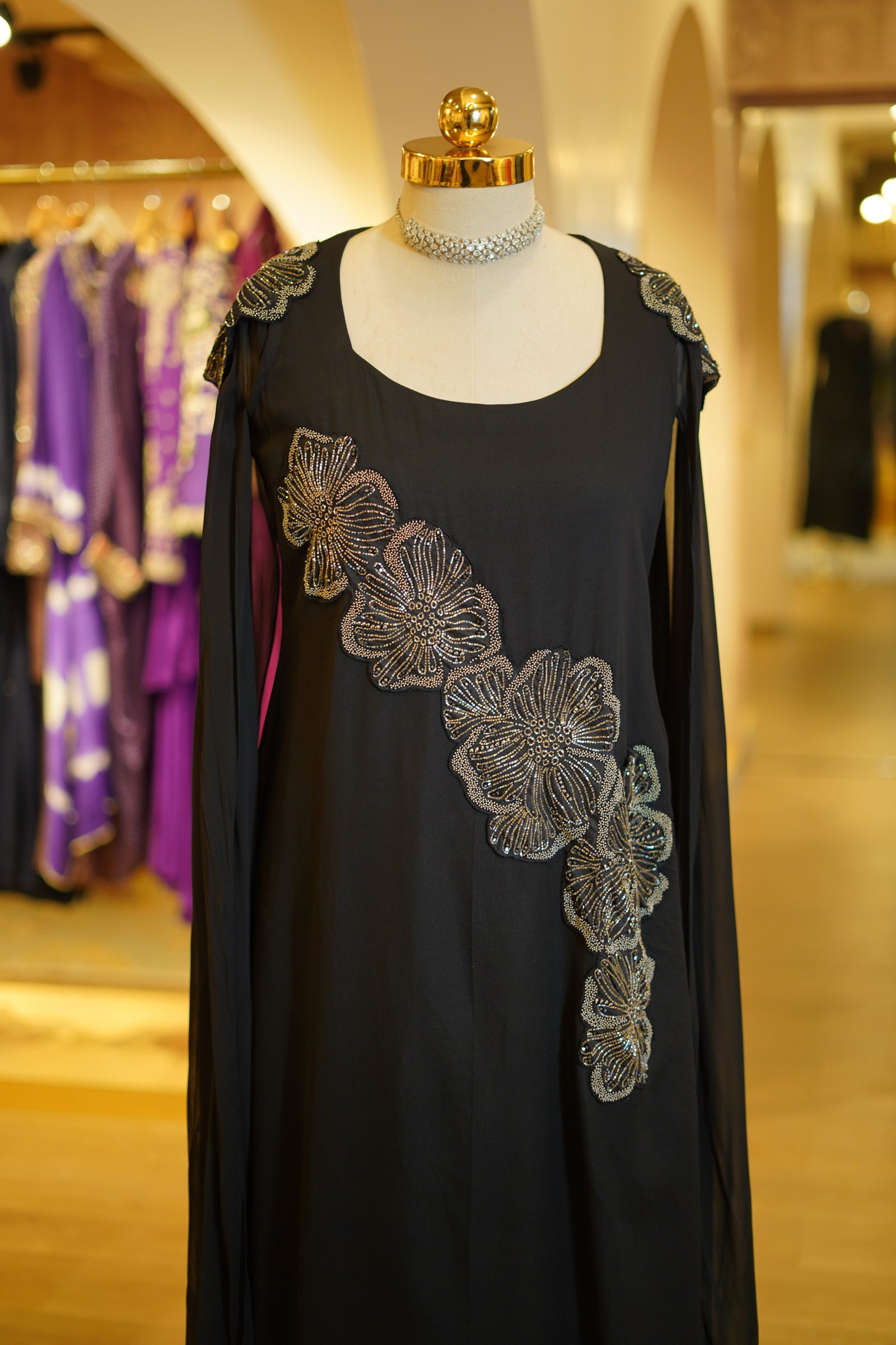 Black Handwork Full-Length Georgette Gown