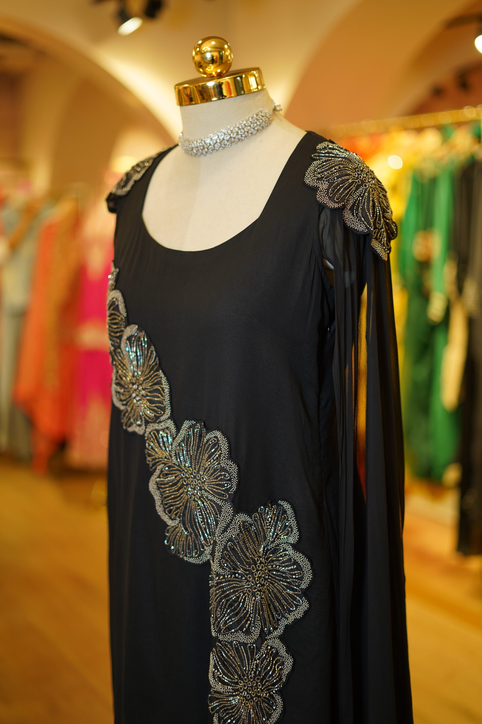 Black Handwork Full-Length Georgette Gown