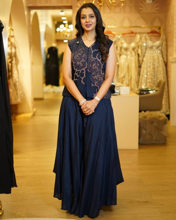 Navy Blue High-Low Pants with Embroidered Raw Silk Top