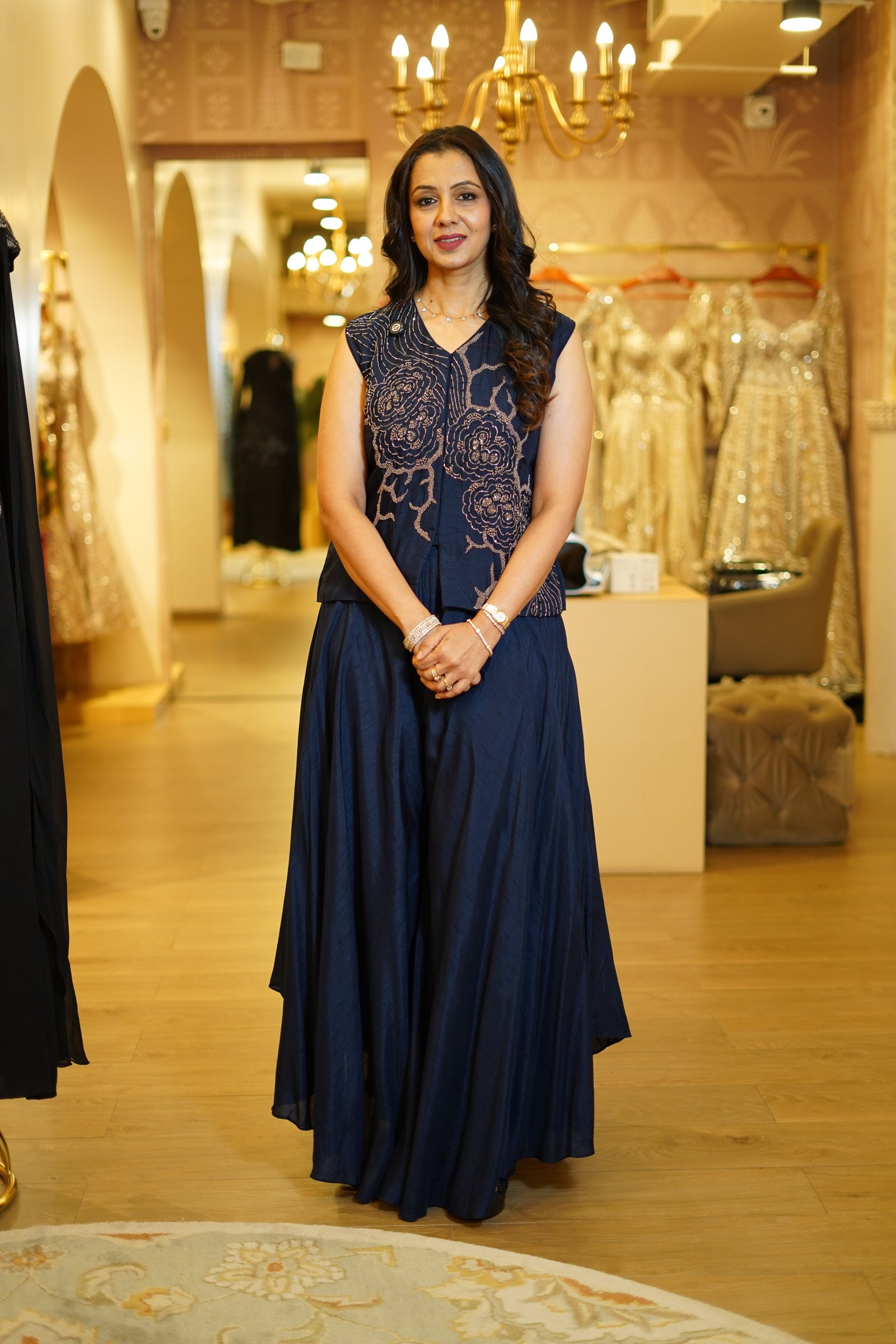 Navy Blue High-Low Pants with Embroidered Raw Silk Top