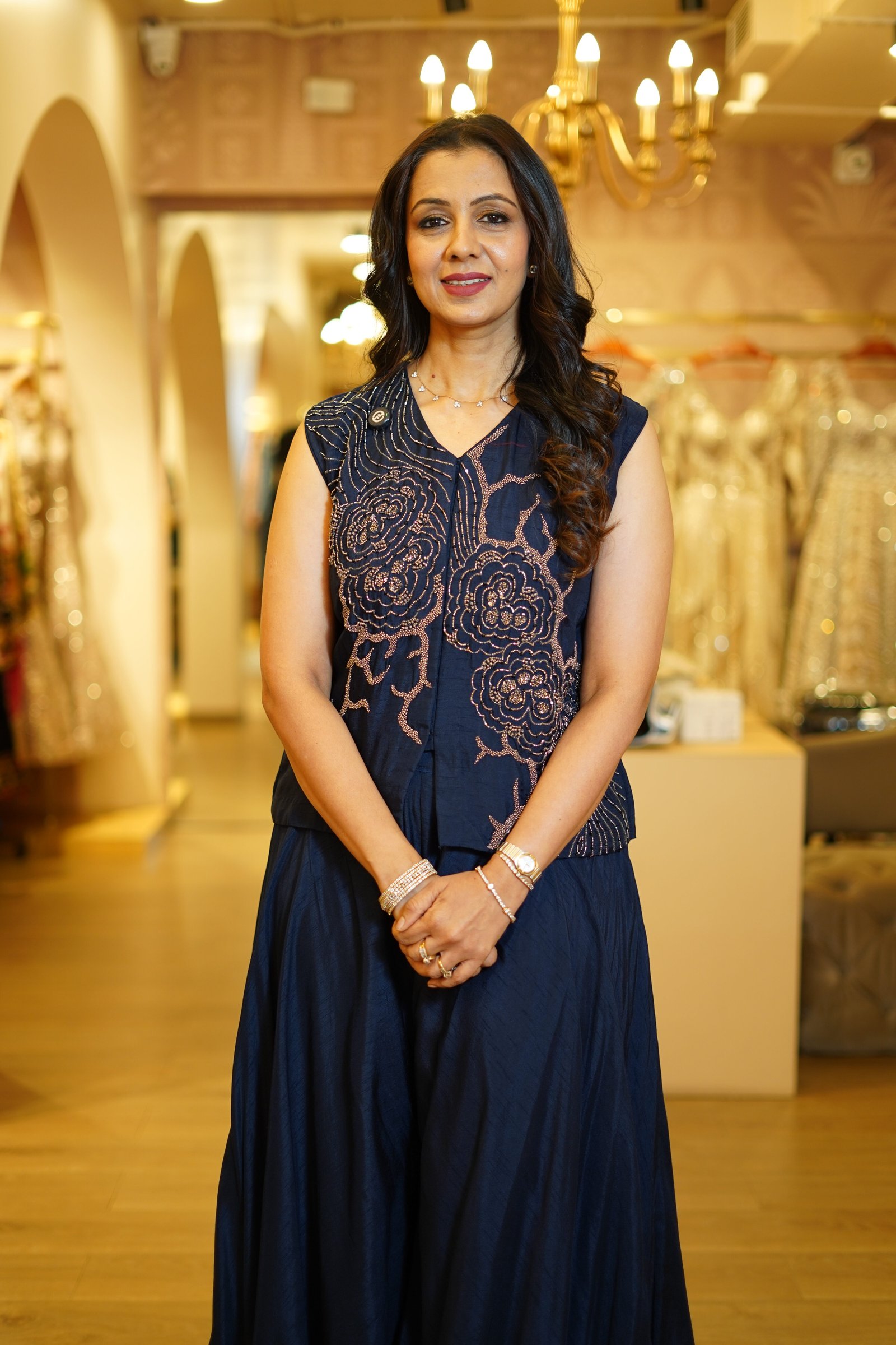 Navy Blue High-Low Pants with Embroidered Raw Silk Top