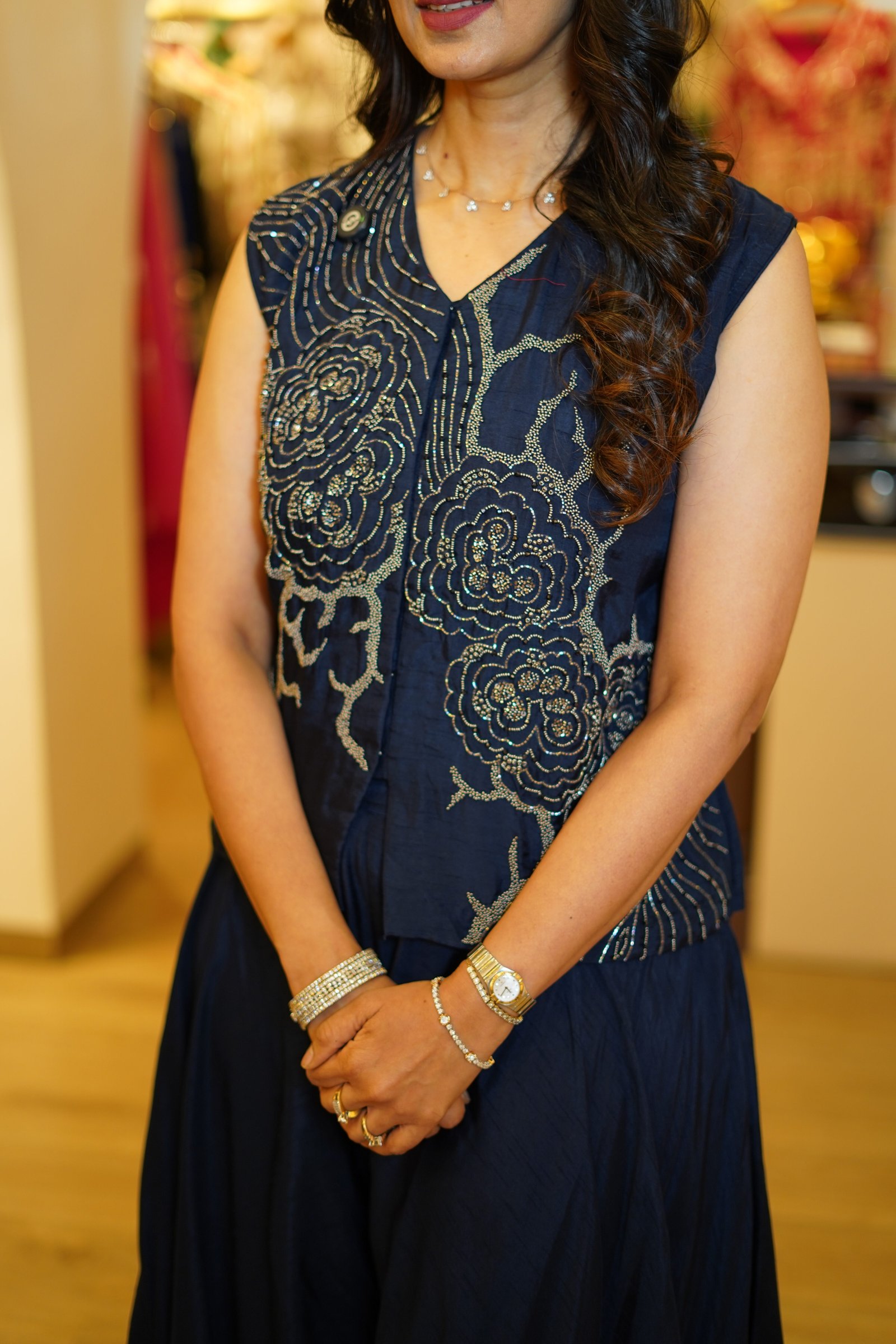 Navy Blue High-Low Pants with Embroidered Raw Silk Top