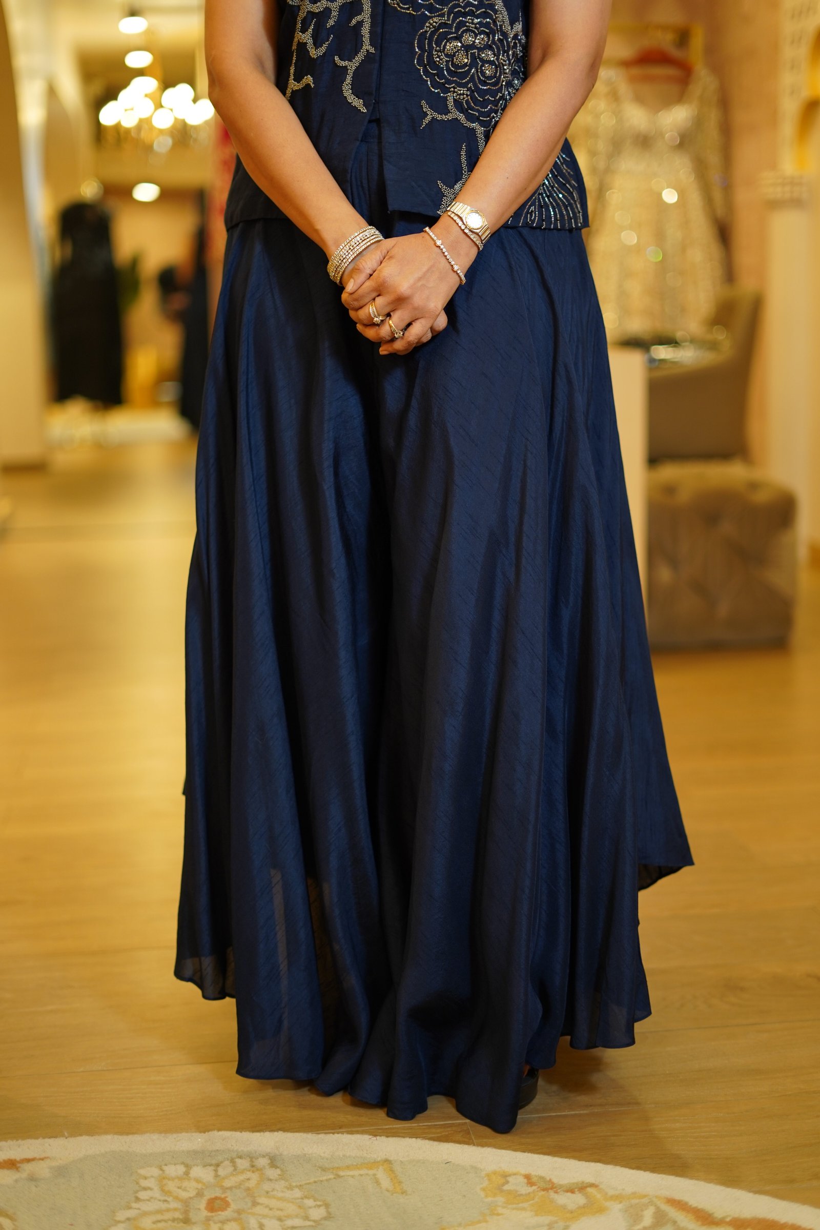 Navy Blue High-Low Pants with Embroidered Raw Silk Top