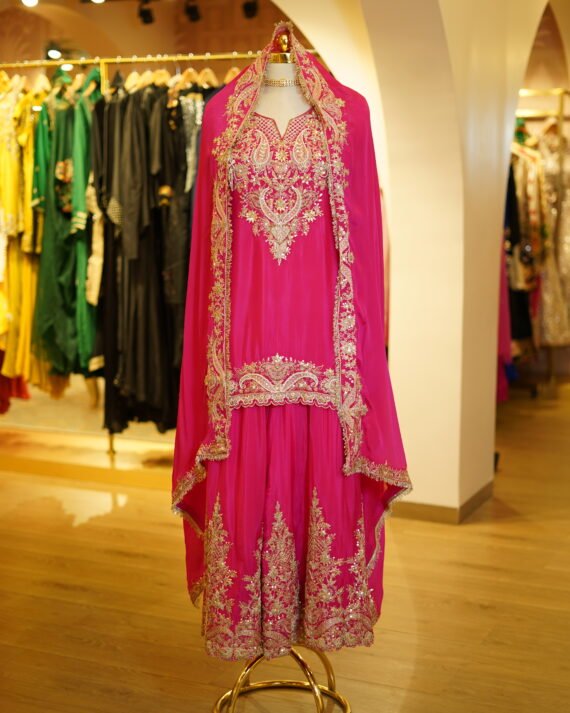 Hot Pink Embroidered Chiffon Kurta Sharara Set