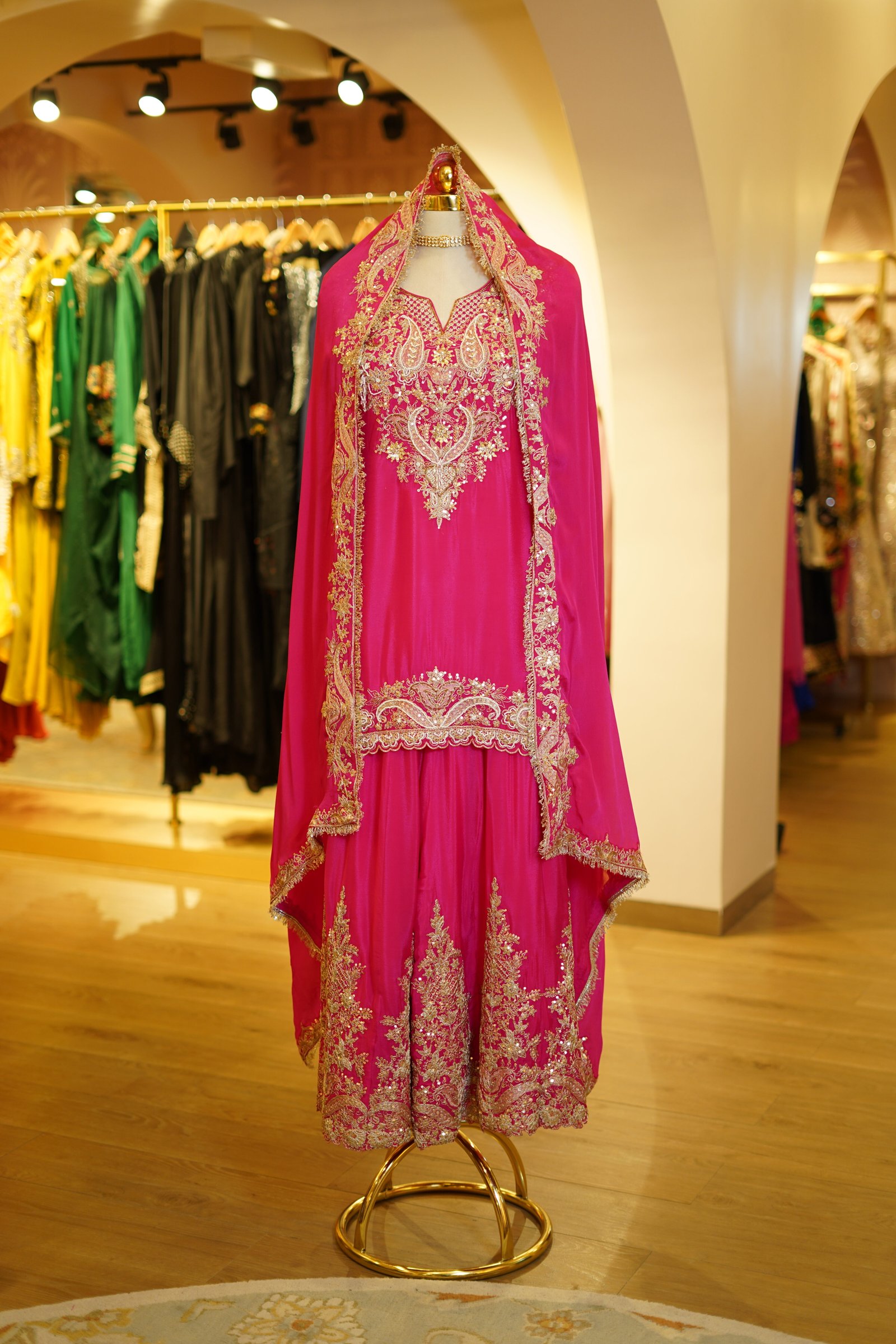 Hot Pink Embroidered Chiffon Kurta Sharara Set