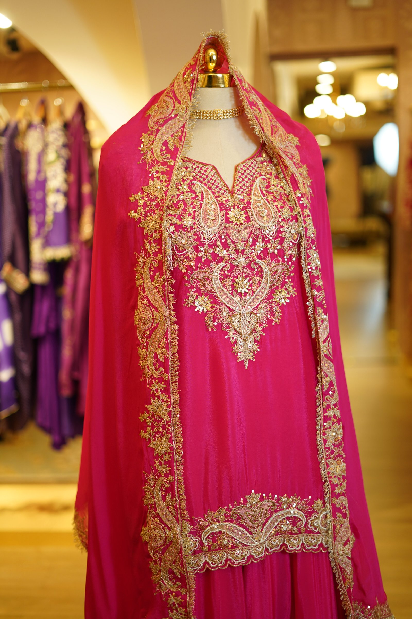 Hot Pink Embroidered Chiffon Kurta Sharara Set