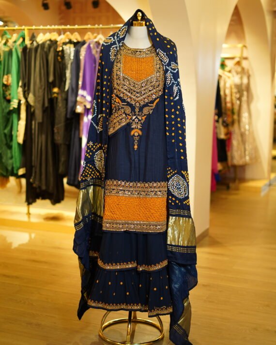 Navy Blue Layered Anarkali with Gaji Silk Dupatta