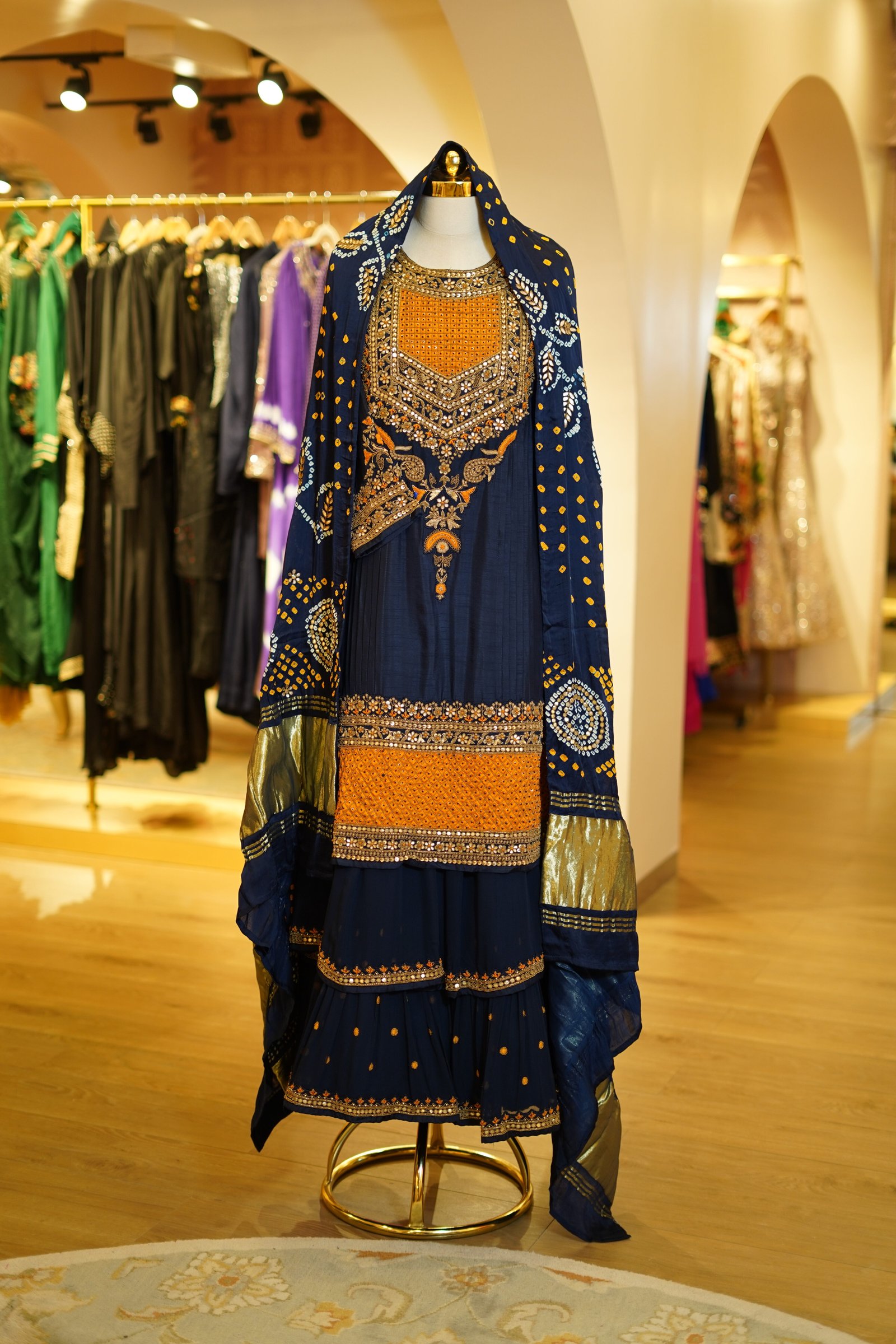 Navy Blue Layered Anarkali with Gaji Silk Dupatta