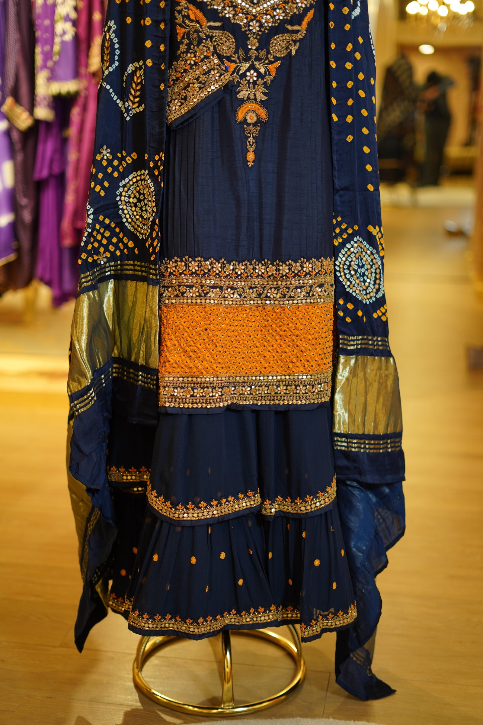 Navy Blue Layered Anarkali with Gaji Silk Dupatta