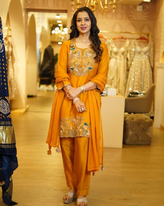 Yellow Organza Hand Embroidered Kurta Set