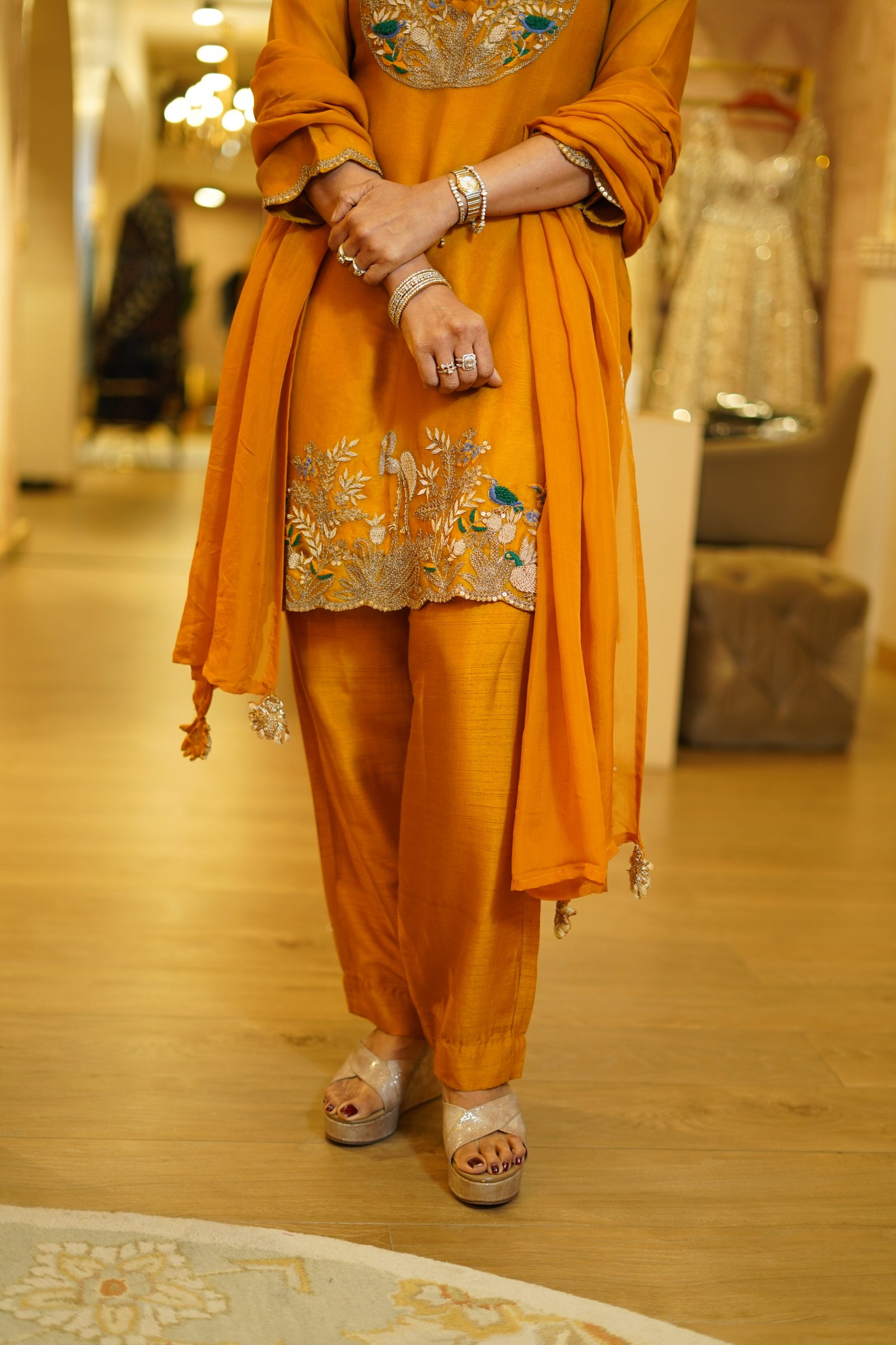 Yellow Organza Hand Embroidered Kurta Set