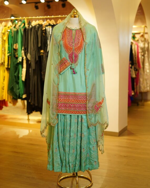 Embroidered Short Kurta Sharara Set with Organza Dupatta