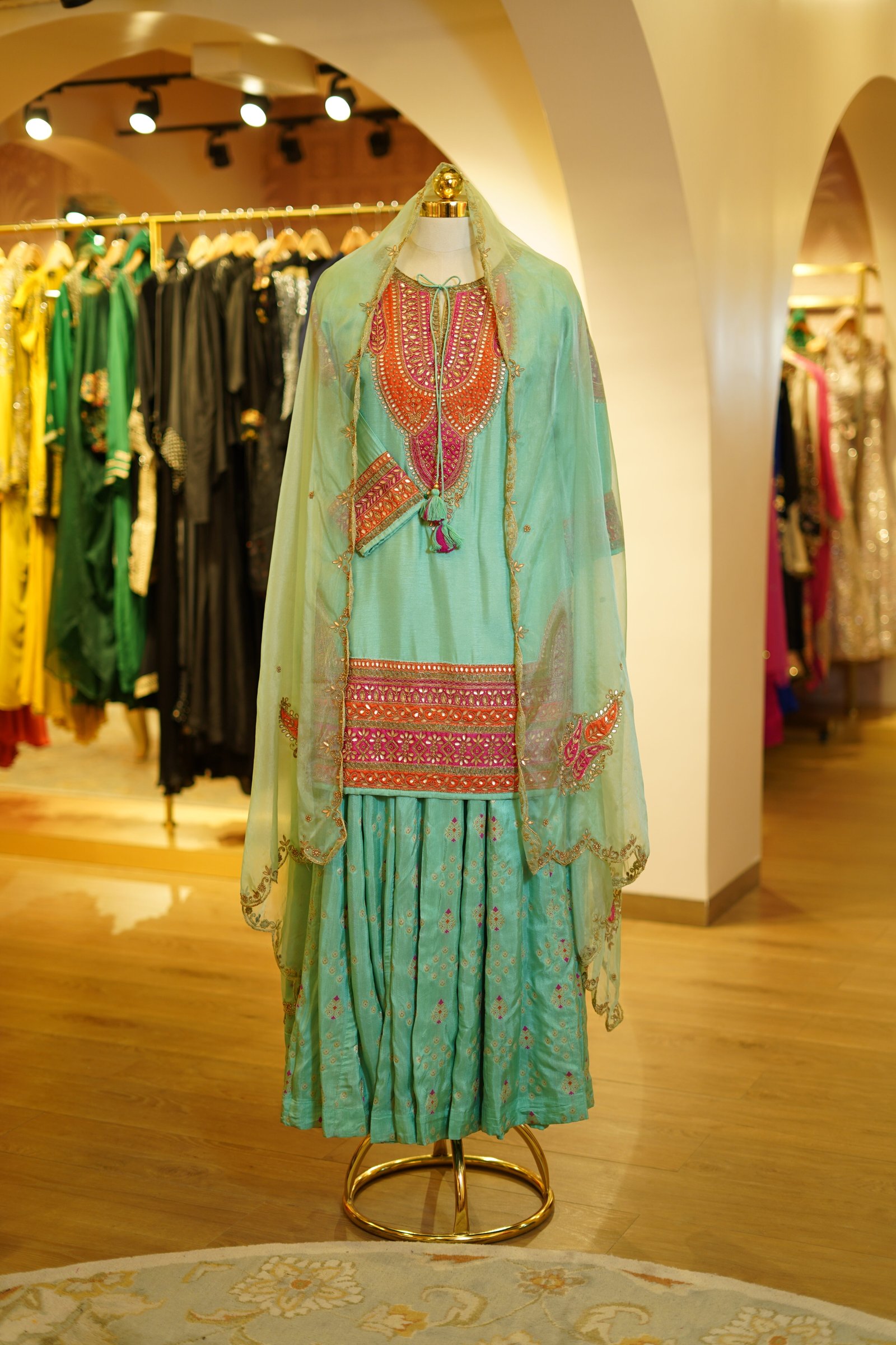 Embroidered Short Kurta Sharara Set with Organza Dupatta