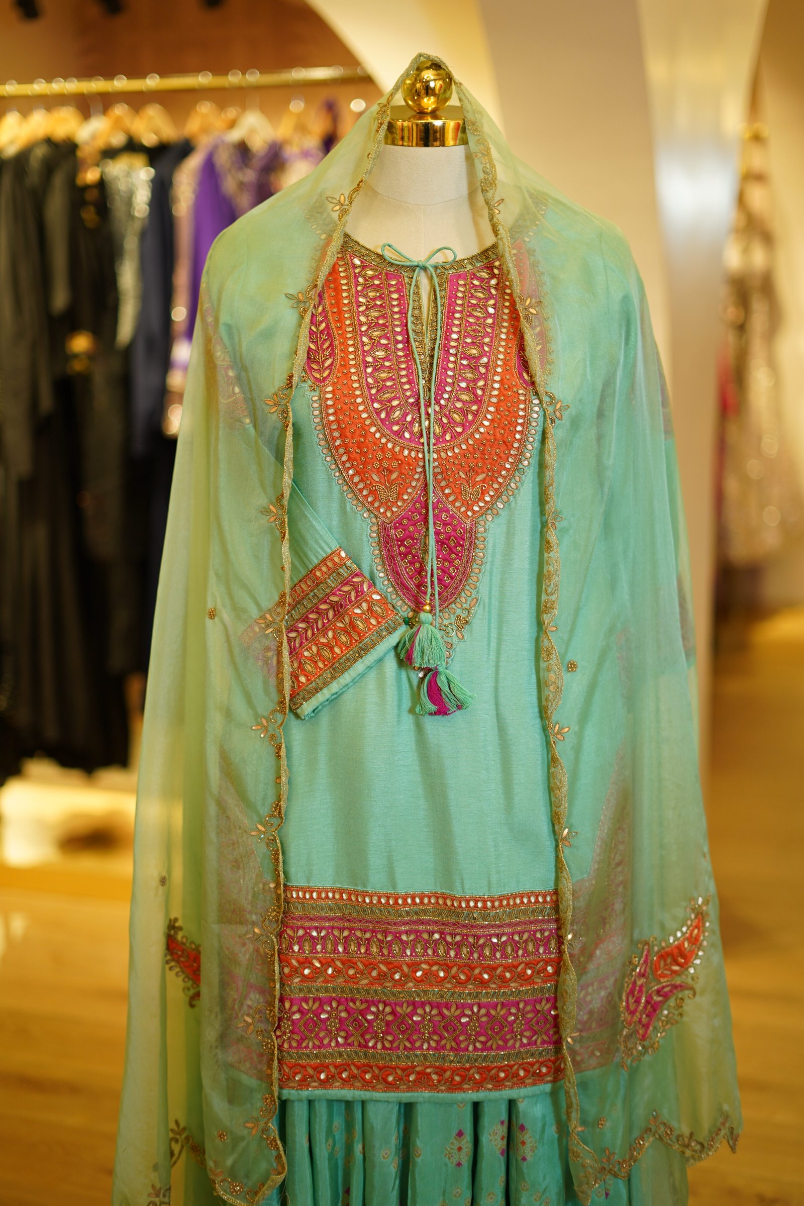 Embroidered Short Kurta Sharara Set with Organza Dupatta