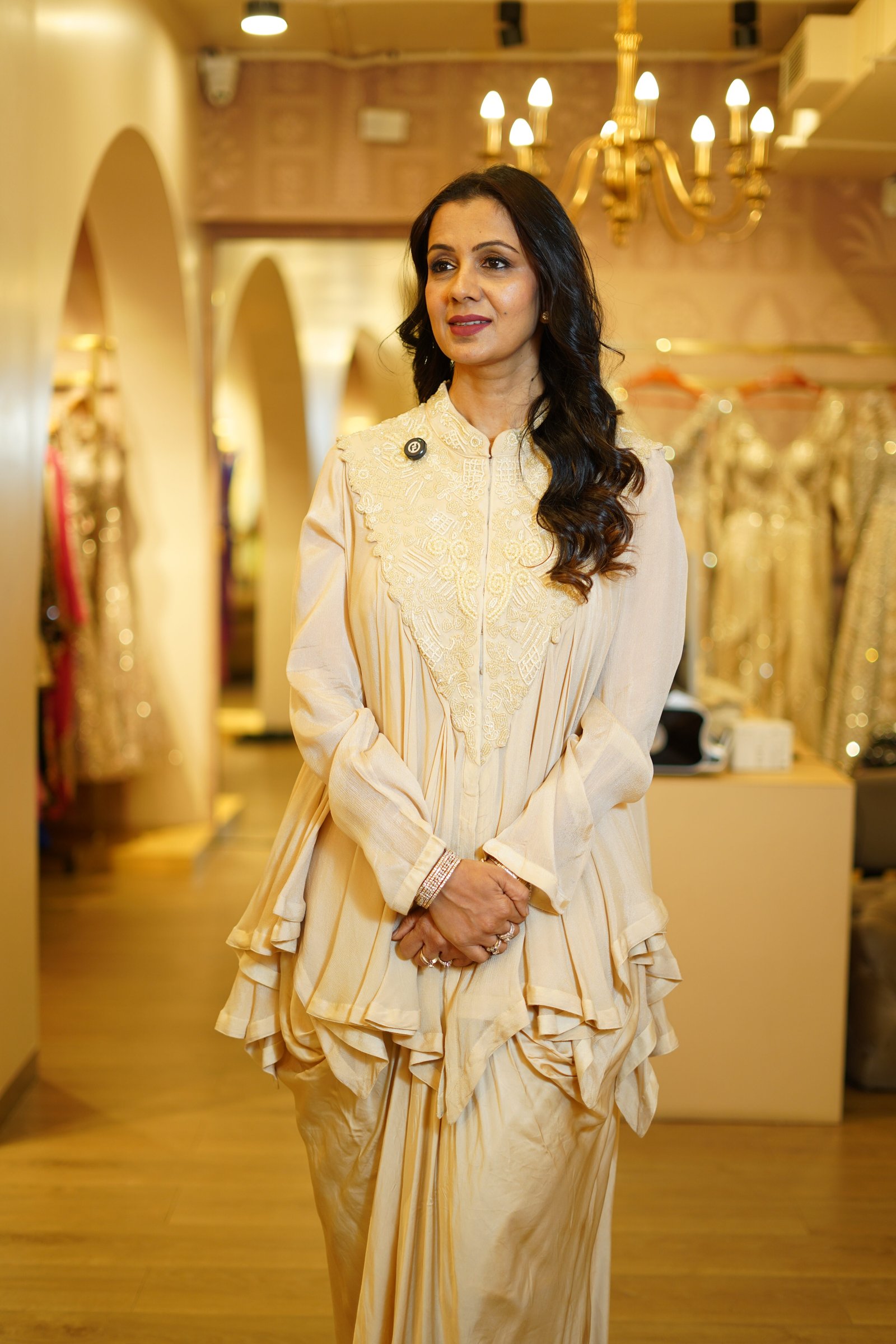 Ivory Drape Skirt with Asymmetrical Handwork Top