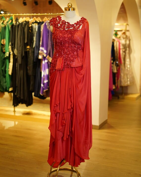 Red Drape Saree with Handwork Corset Blouse