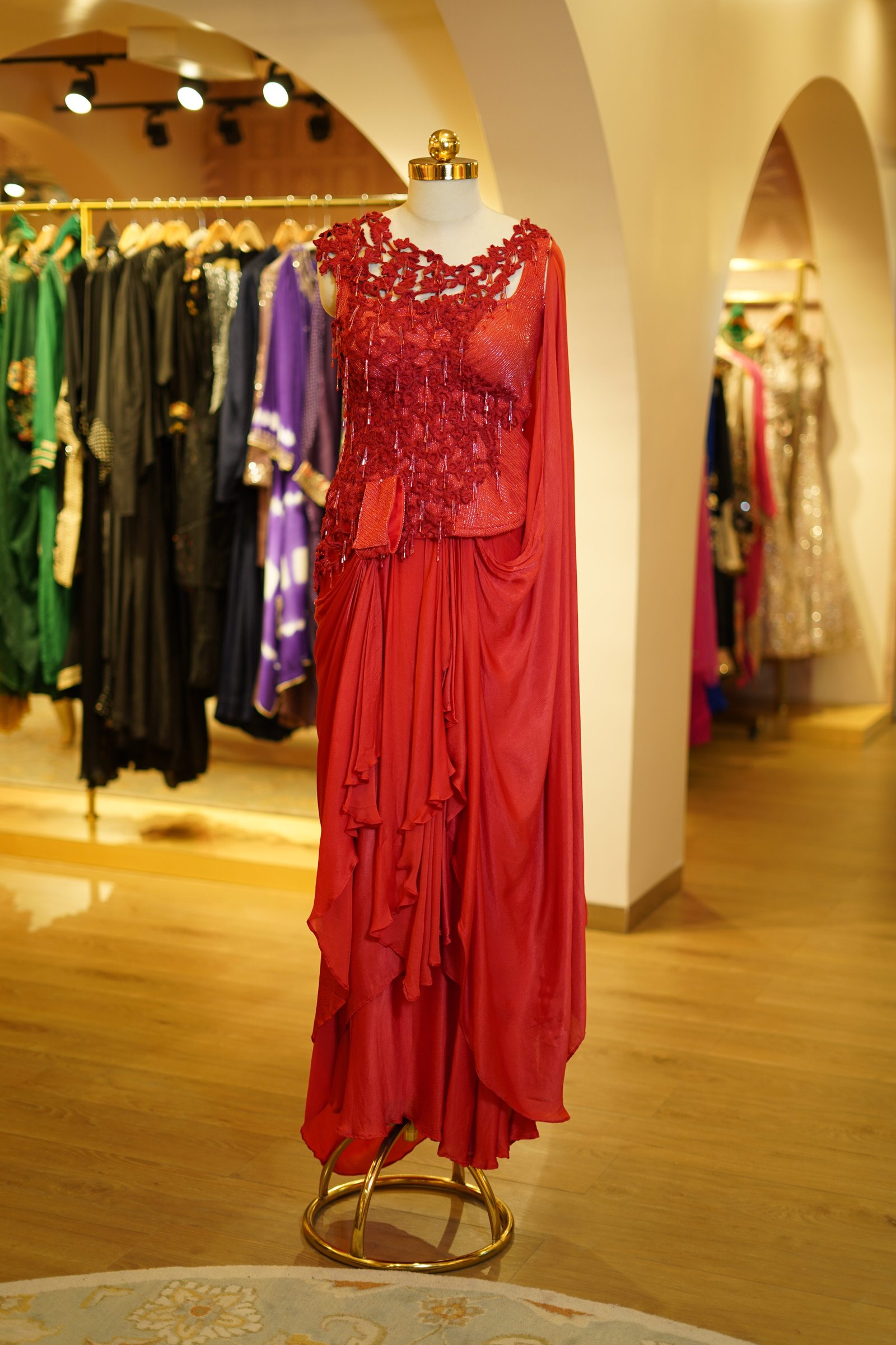 Red Drape Saree with Handwork Corset Blouse