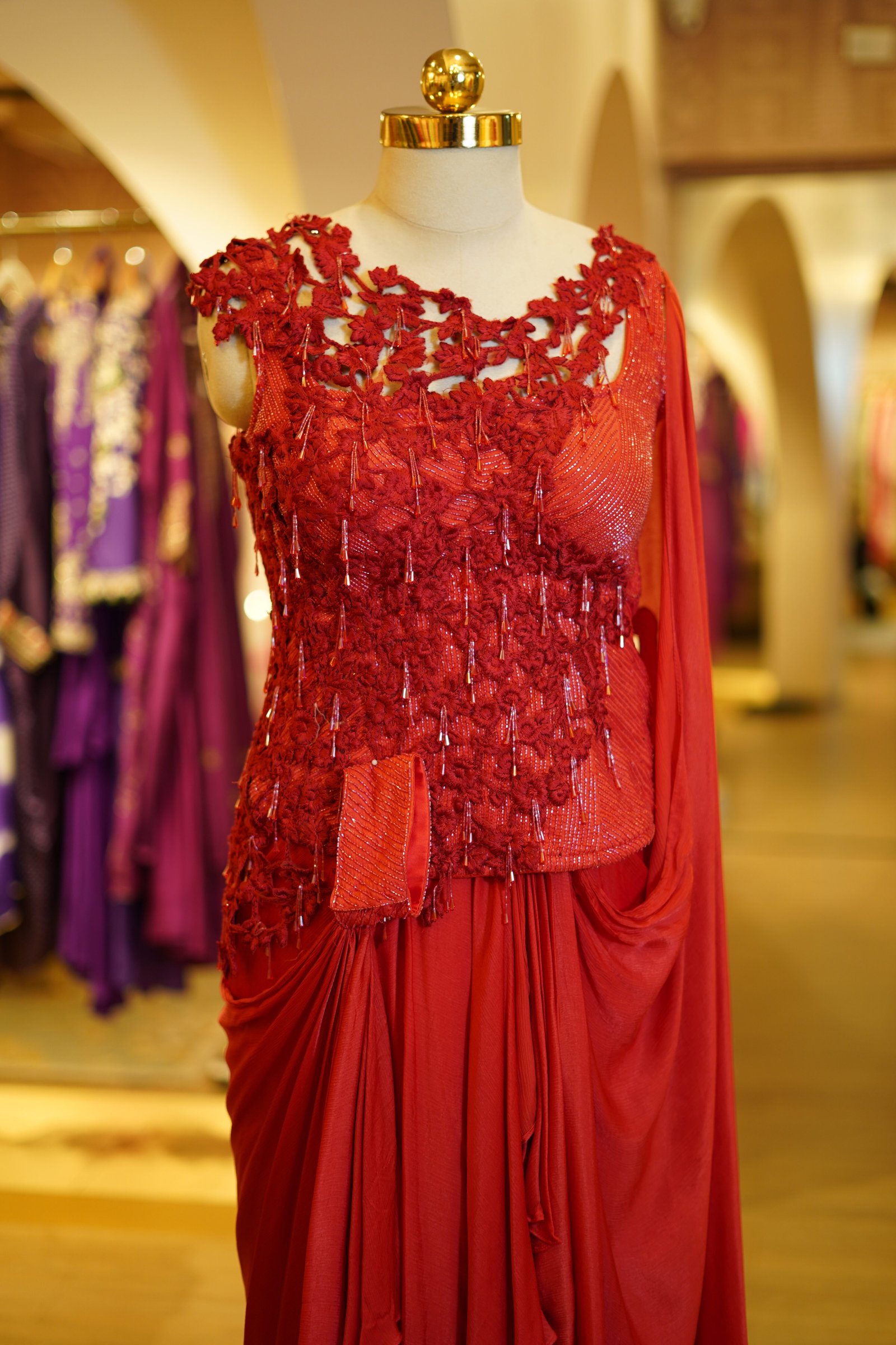 Red Drape Saree with Handwork Corset Blouse