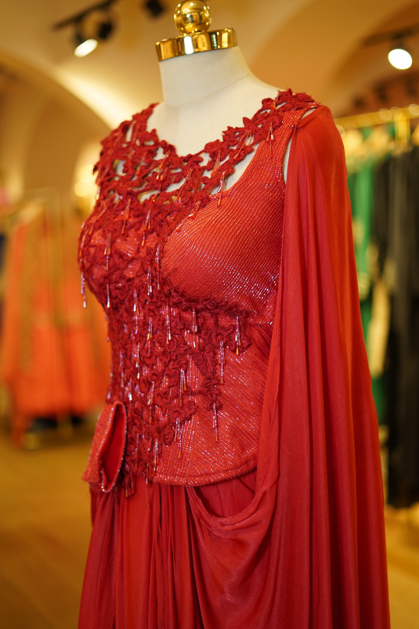 Red Drape Saree with Handwork Corset Blouse