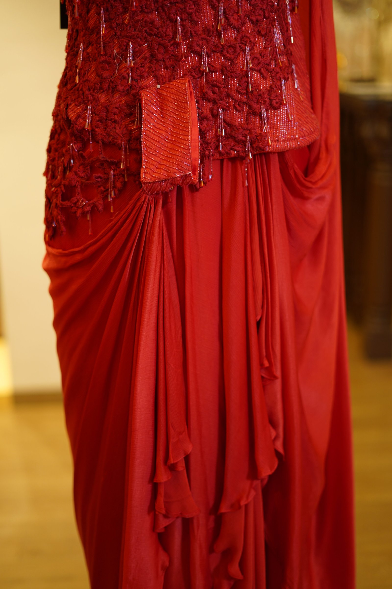 Red Drape Saree with Handwork Corset Blouse