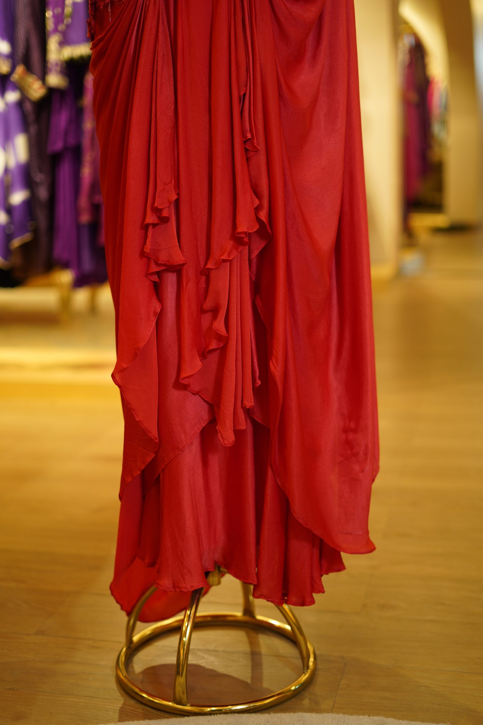 Red Drape Saree with Handwork Corset Blouse