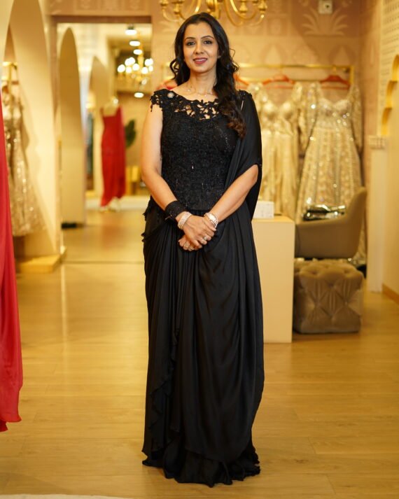 Black Drape Saree with Handwork Corset Blouse