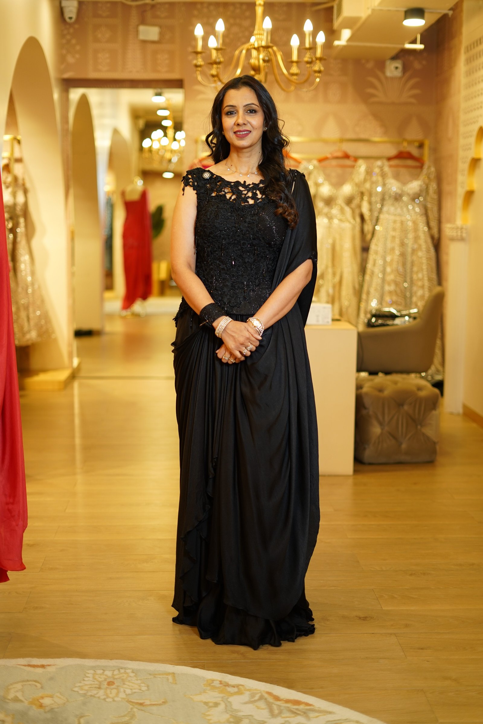 Black Drape Saree with Handwork Corset Blouse