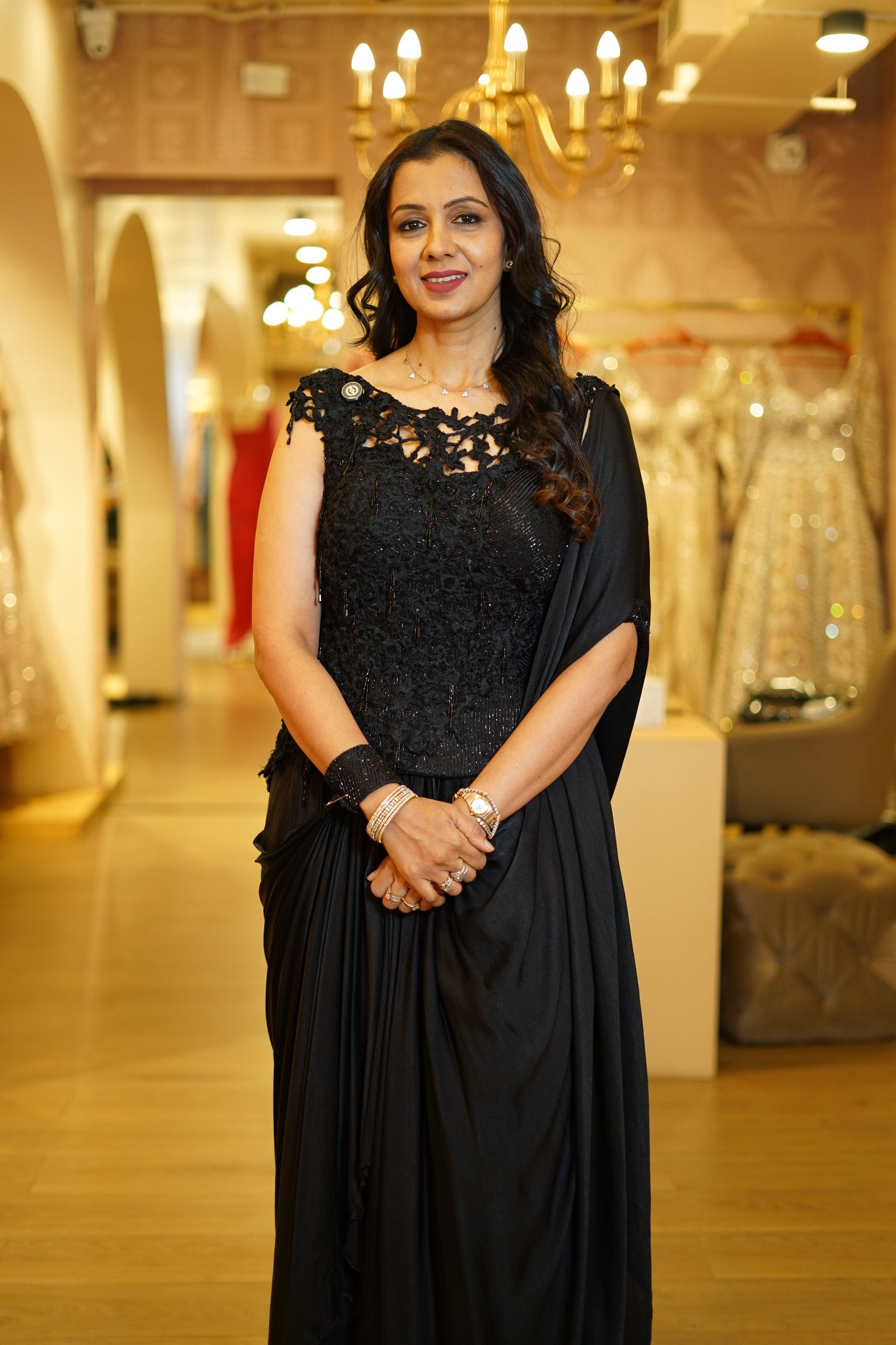 Black Drape Saree with Handwork Corset Blouse