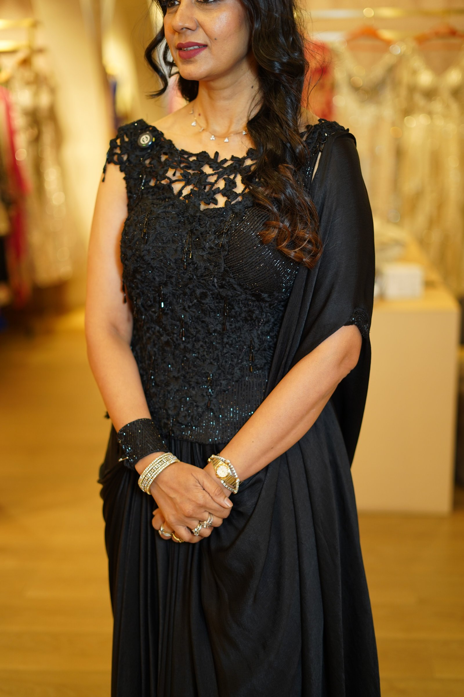Black Drape Saree with Handwork Corset Blouse
