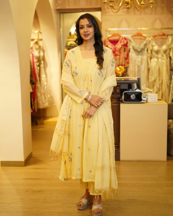 Yellow Mul Chanderi Floral Embroidered Kurta