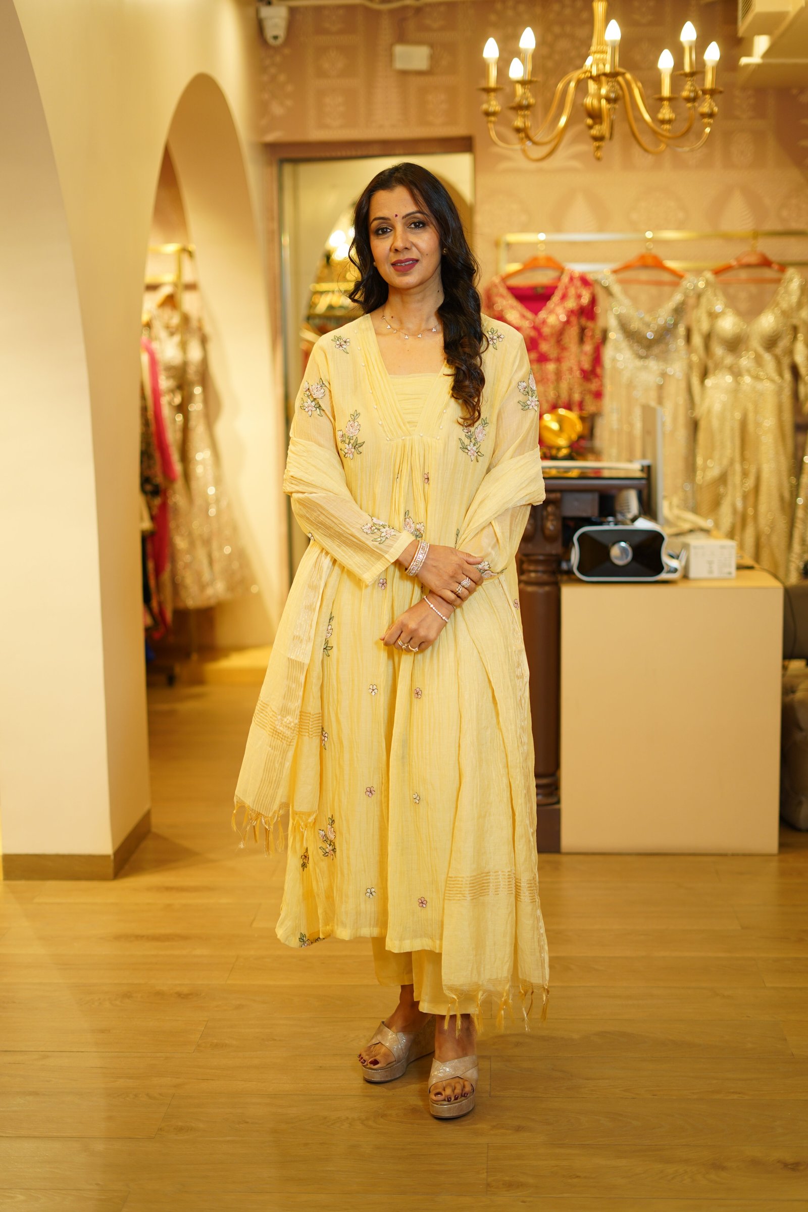 Yellow Mul Chanderi Floral Embroidered Kurta