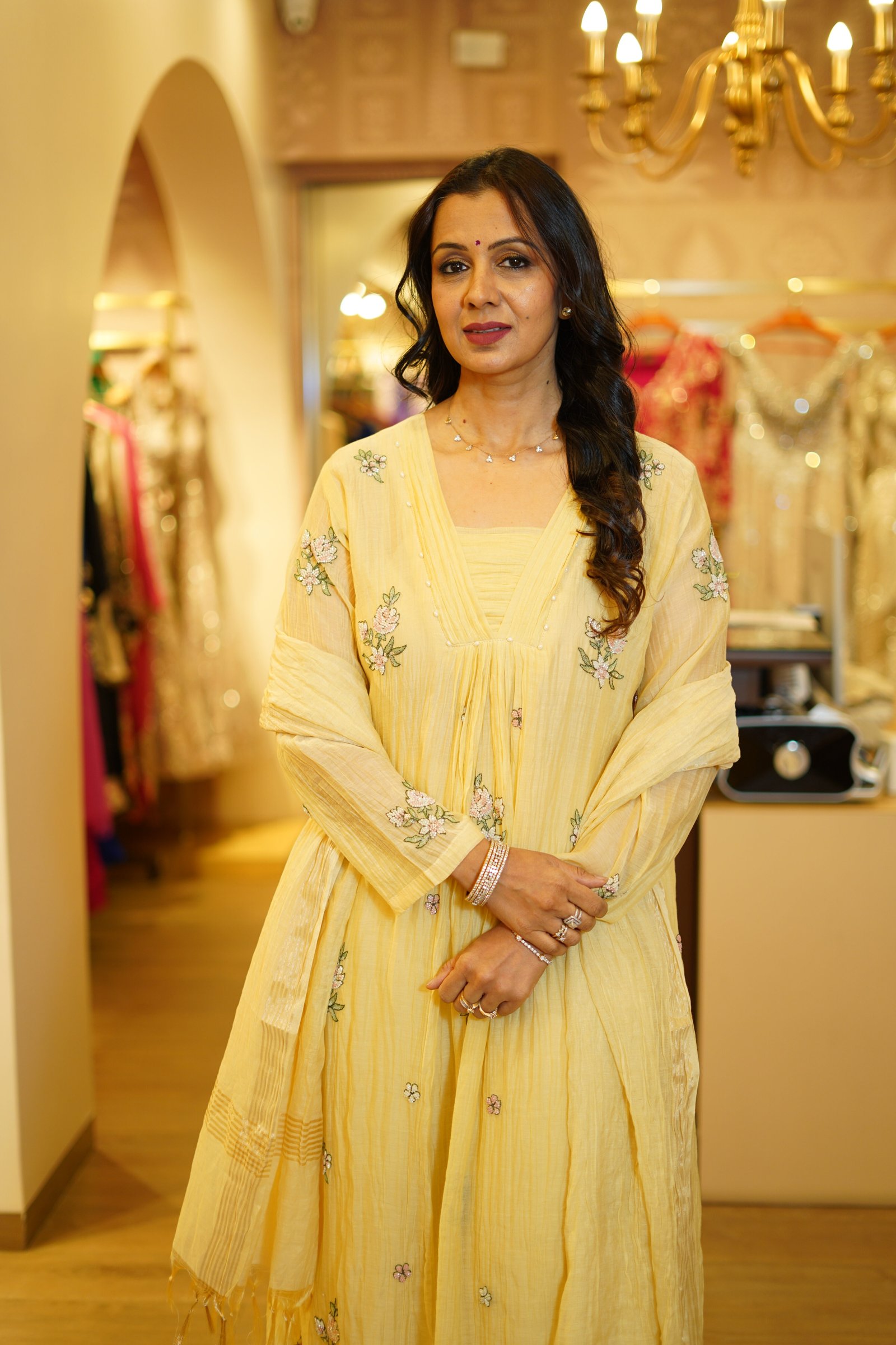 Yellow Mul Chanderi Floral Embroidered Kurta