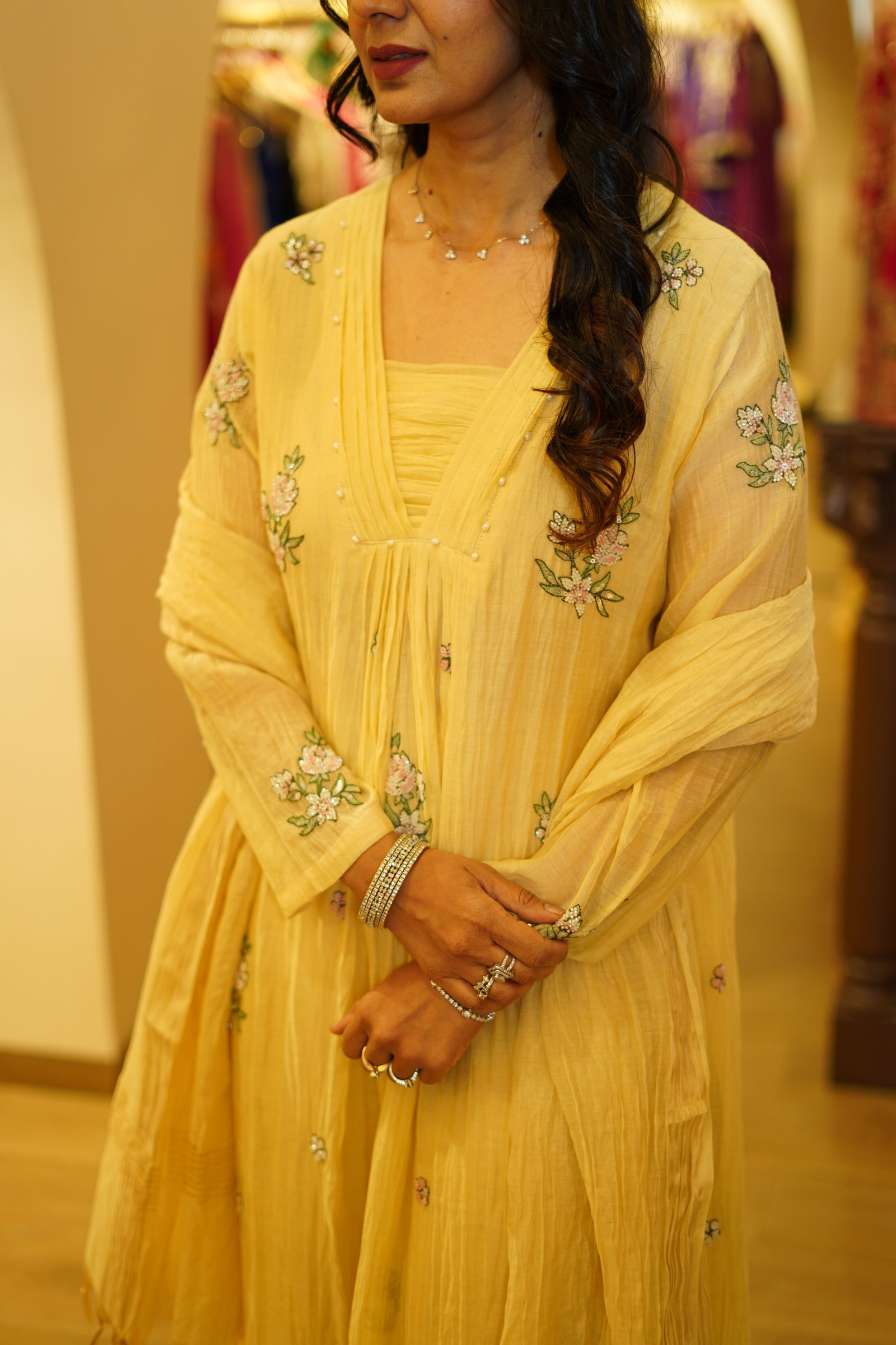 Yellow Mul Chanderi Floral Embroidered Kurta