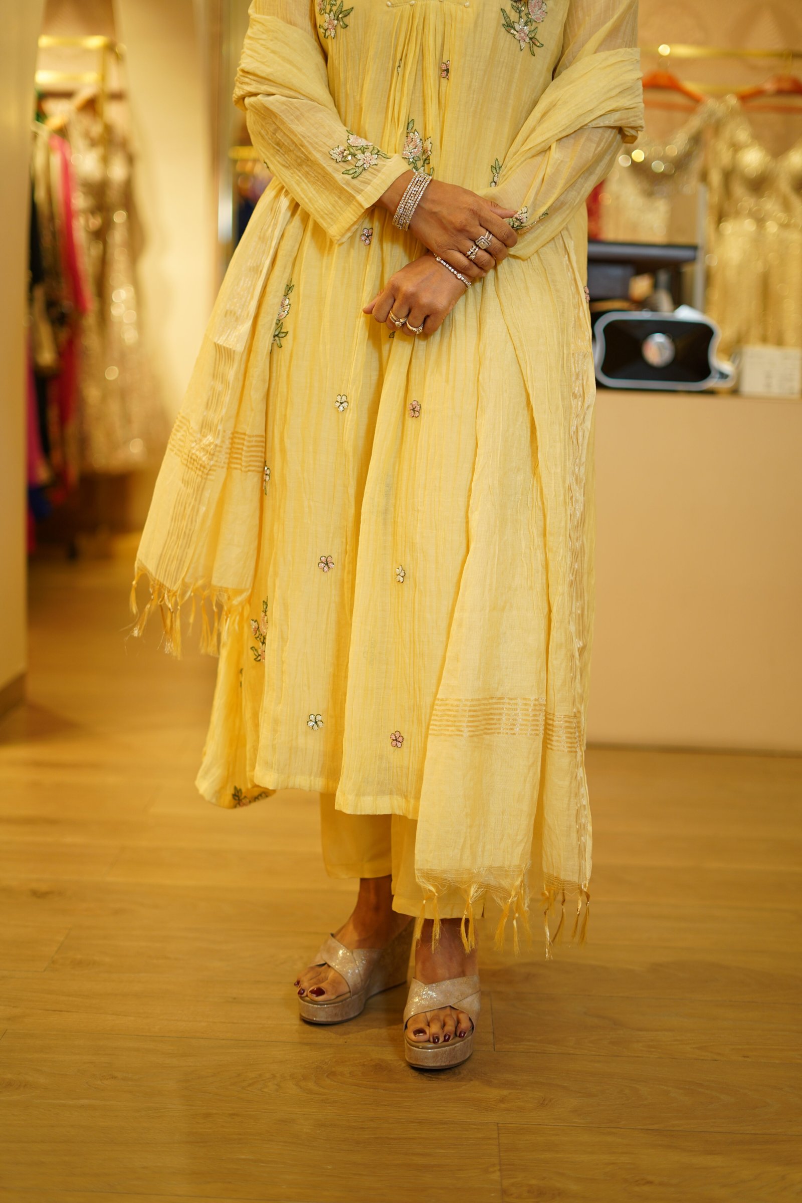 Yellow Mul Chanderi Floral Embroidered Kurta